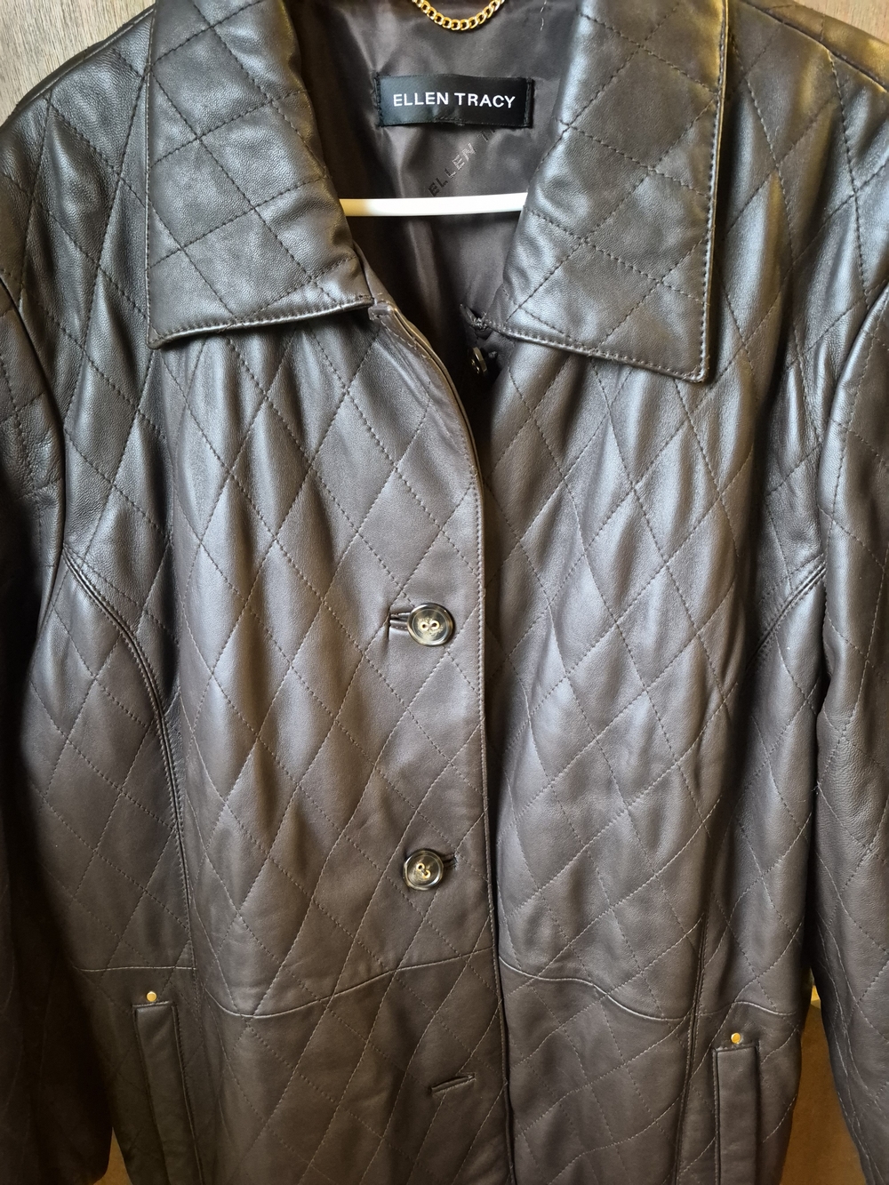Ellen Tracy Quilted Brown Leather Coat